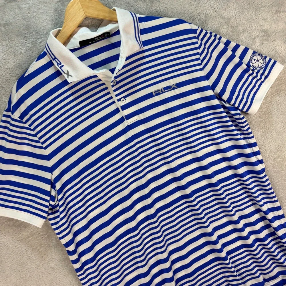 RLX Ralph Lauren Men's Golf Polo Blue White Striped Pete Dye Club‎ Sz XL Preppy